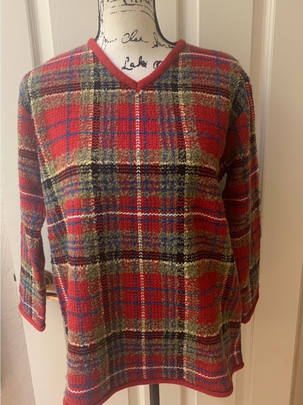 Vintage Liz Claiborne Red Multicolor Plaid V-Neck Sweater